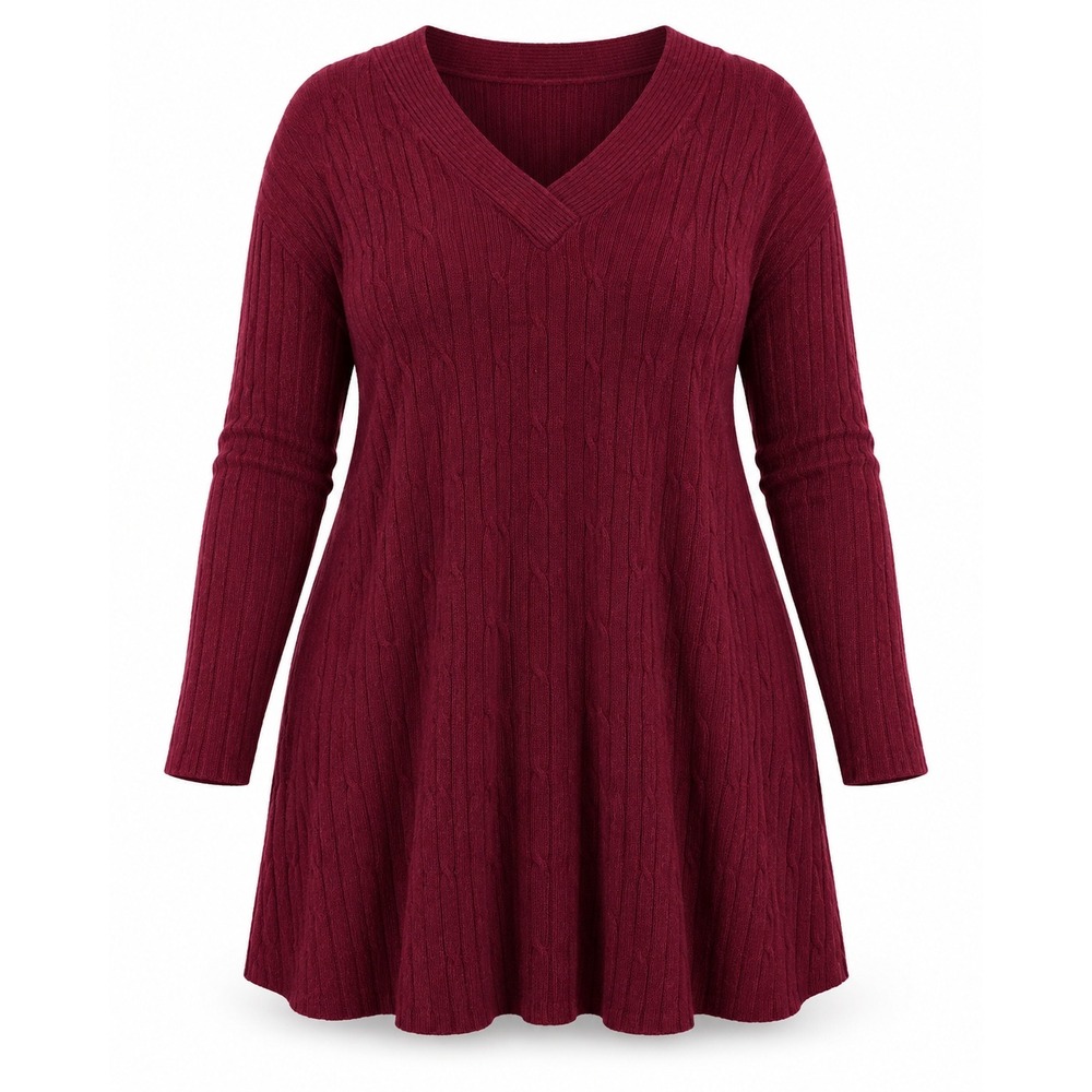 Melrose Collectibles Silk Blend Sweater Dress 3X Burgundy Red V-Neck Cable Knit